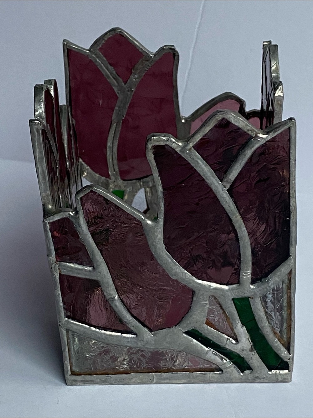 Stained Glass Candle Holder 3.5” Tall purple tulips spring flowers mirror bottom
